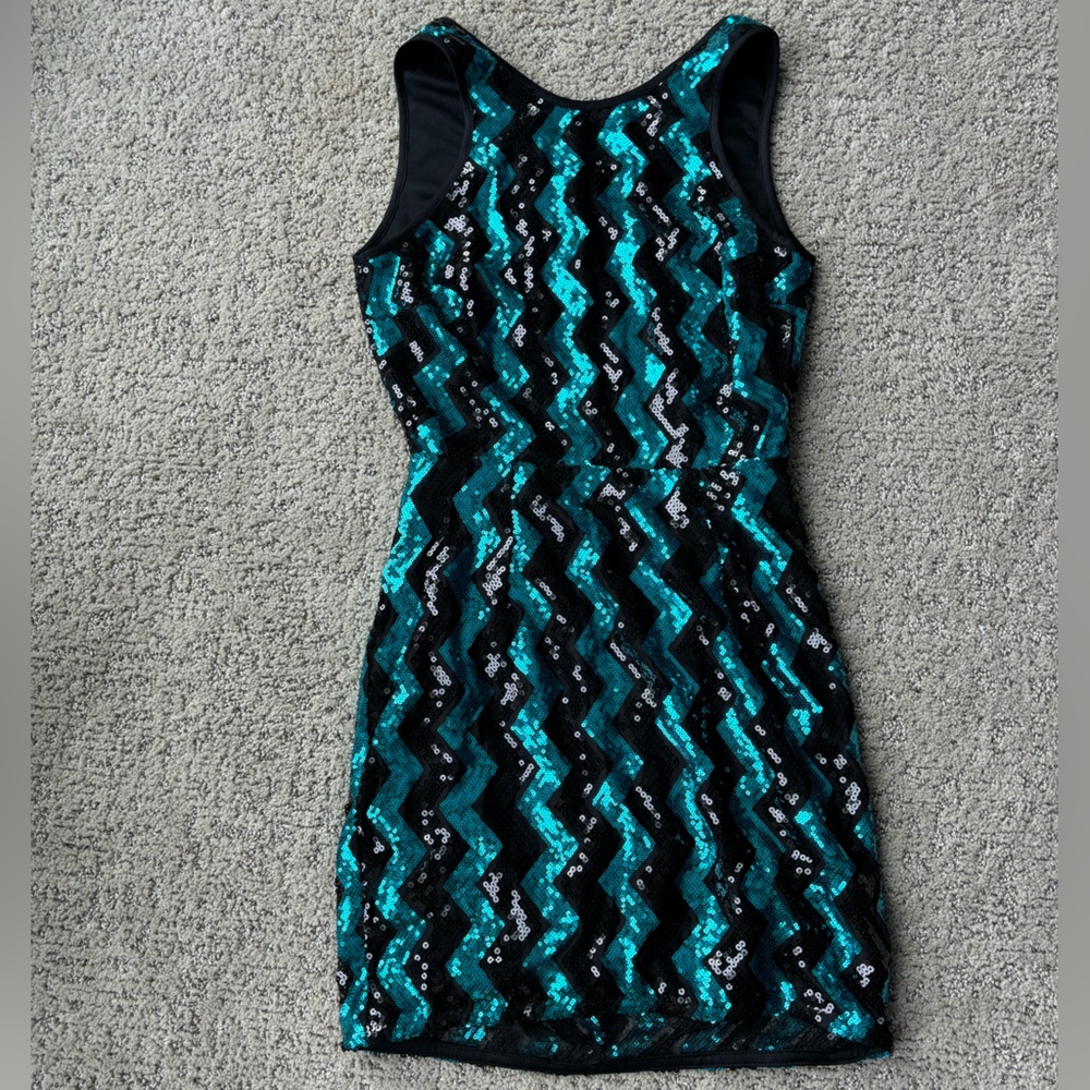 Lulus Always Shine Teal and Black Zig Zag Sequin Bodycon Mini Dress